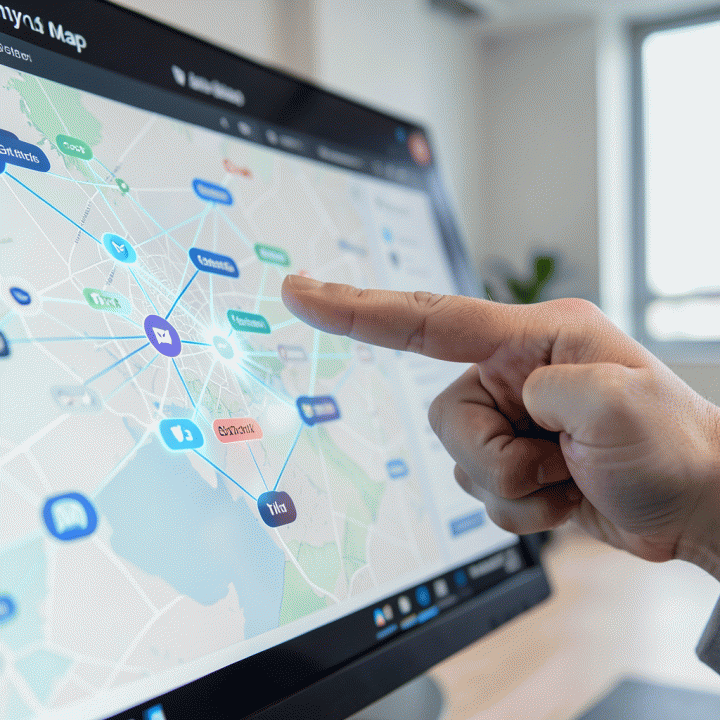 Tangan yang menunjukkan titik optimalisasi pada peta perencanaan pemasaran digital.