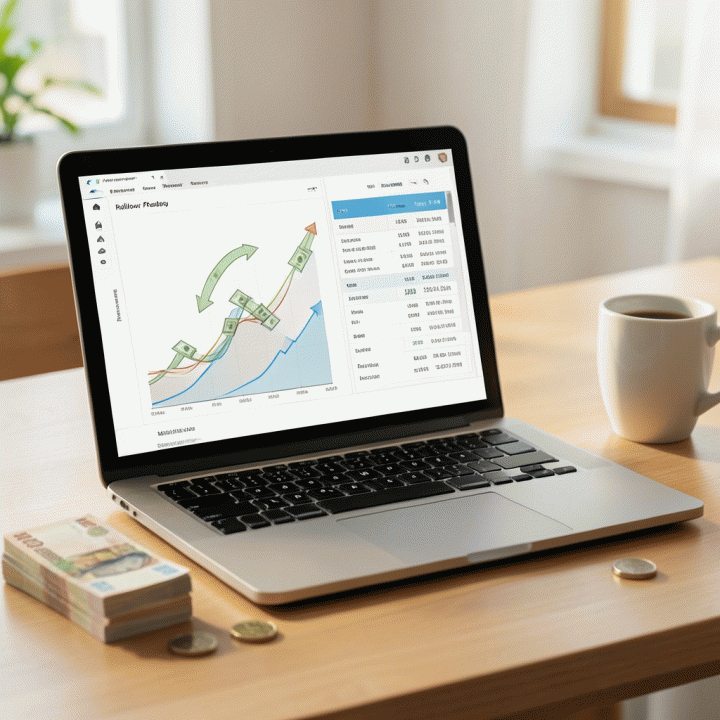 Tampilan meja kerja modern dengan laptop yang menampilkan spreadsheet anggaran keuangan yang bersih dan grafik pertumbuhan positif, dihiasi dengan uang tunai Rupiah dan secangkir kopi.