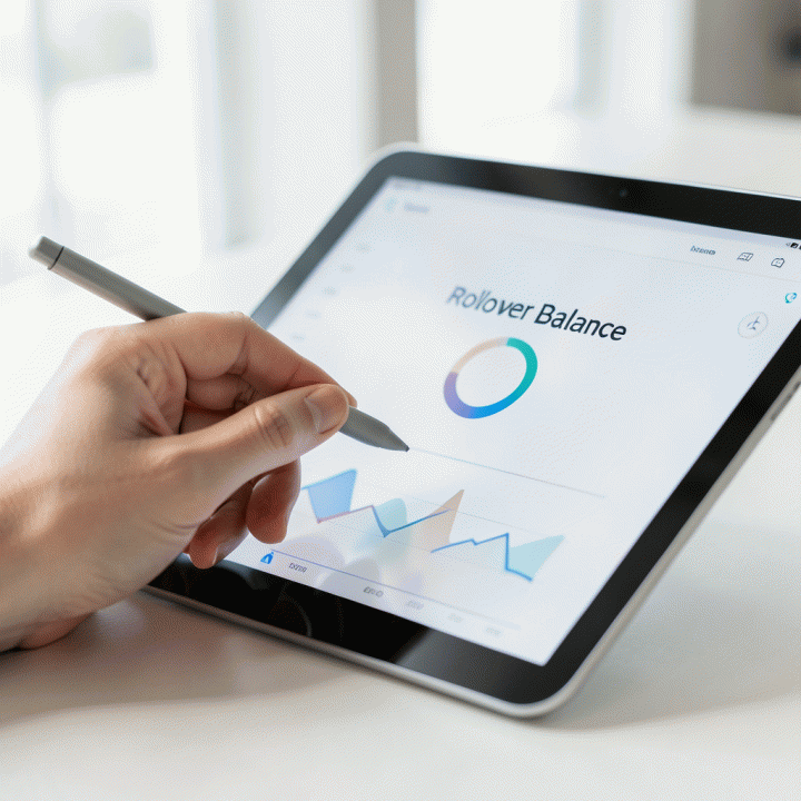 Tangan yang menggunakan tablet untuk melihat dan mengoptimalkan saldo anggaran sisa (rollover balance) pada dashboard keuangan yang modern dan abstrak.