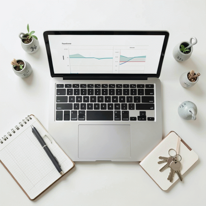 Tata letak datar (flat lay) yang menampilkan perlengkapan perencanaan anggaran keluarga, termasuk laptop dengan spreadsheet, buku catatan, dan simbol-simbol keuangan.
