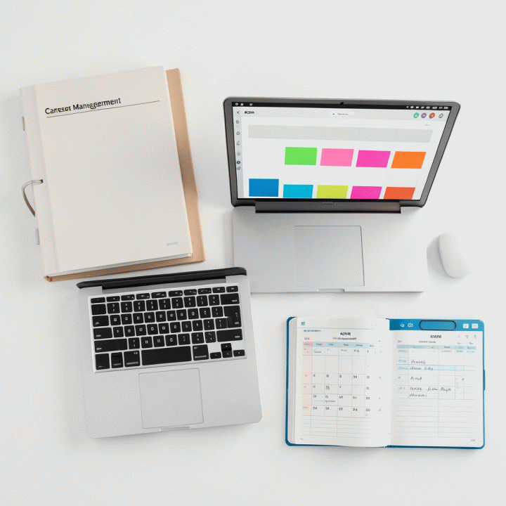 Tampilan atas (flat lay) dari arsip manajemen karier, menampilkan binder, laptop dengan papan visualisasi, dan alat tulis yang tertata rapi.