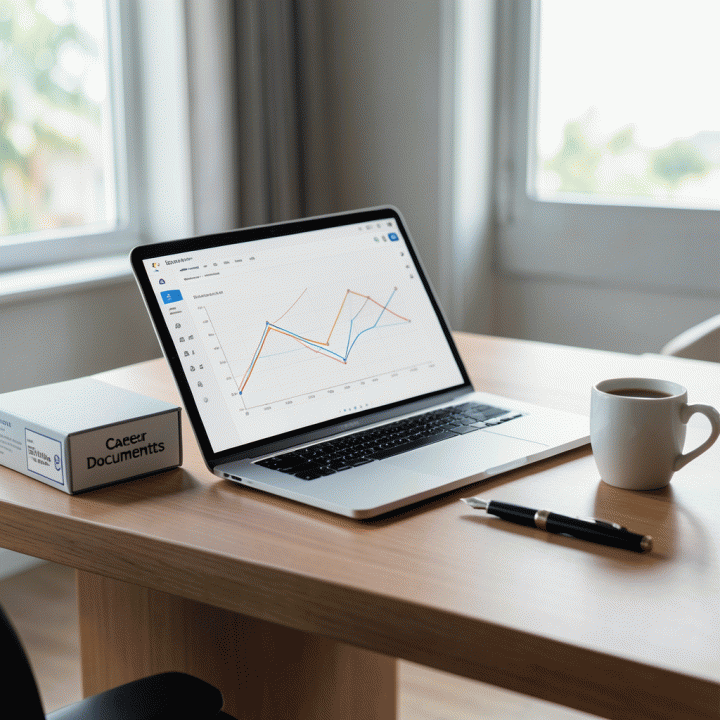 Meja kerja profesional yang rapi dengan alat perencanaan digital dan fisik, melambangkan manajemen arsip lamaran kerja yang sistematis dan terorganisir.