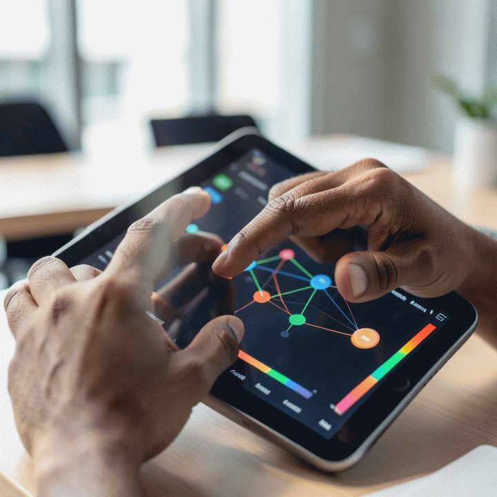 Tangan profesional sedang memeriksa dashboard pelacakan karier di tablet, menunjukkan visualisasi kemajuan lamaran kerja yang terorganisir.