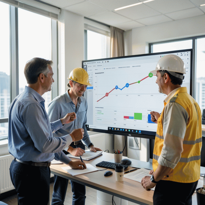 Construction team reviewing project progress and cost analysis on a large monitor.