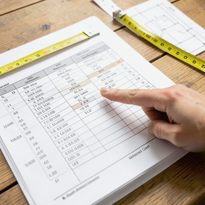 Hand pointing at a detailed spreadsheet of renovation material costs for project tracking.