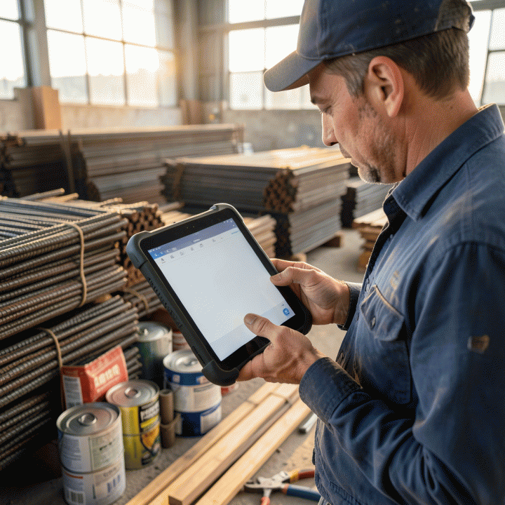 Seorang manajer proyek menggunakan tablet di lokasi konstruksi yang terorganisir untuk melacak inventaris material konstruksi secara digital.