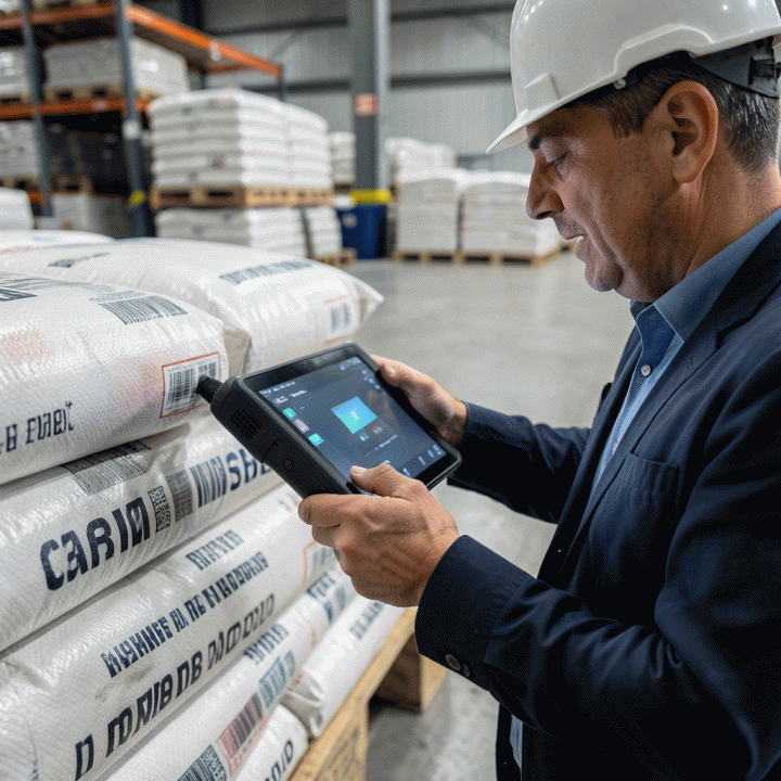 Manajer proyek memindai barcode material di gudang konstruksi untuk pencatatan inventaris real-time.