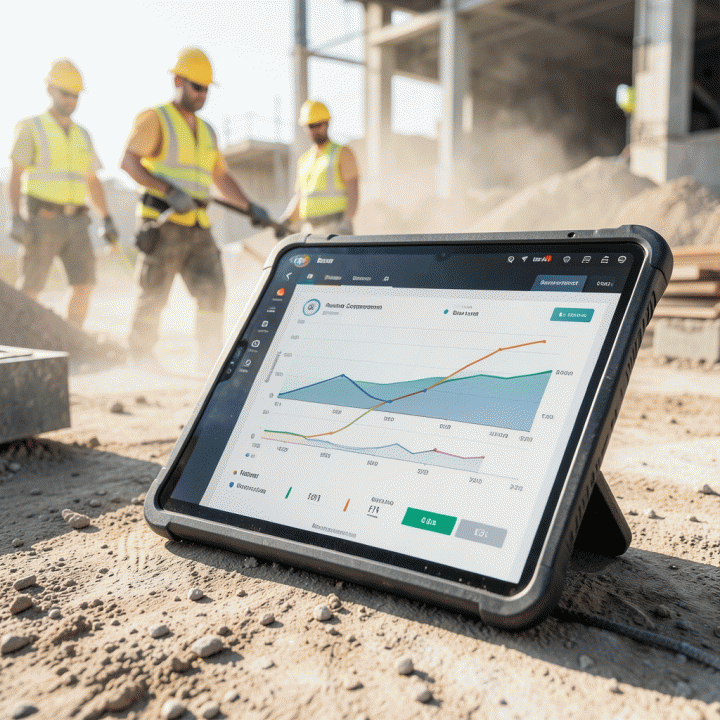 Tampilan dashboard manajemen proyek di lokasi konstruksi, menunjukkan pelacakan konsumsi material real-time dan progres pekerjaan yang terstruktur.