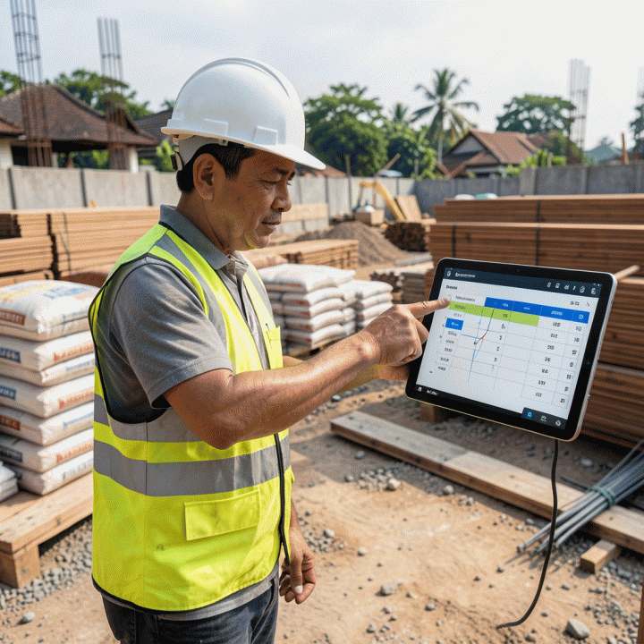 Manajer proyek di lokasi konstruksi sedang menganalisis data penggunaan material menggunakan tablet, menunjukkan kontrol biaya yang efektif.