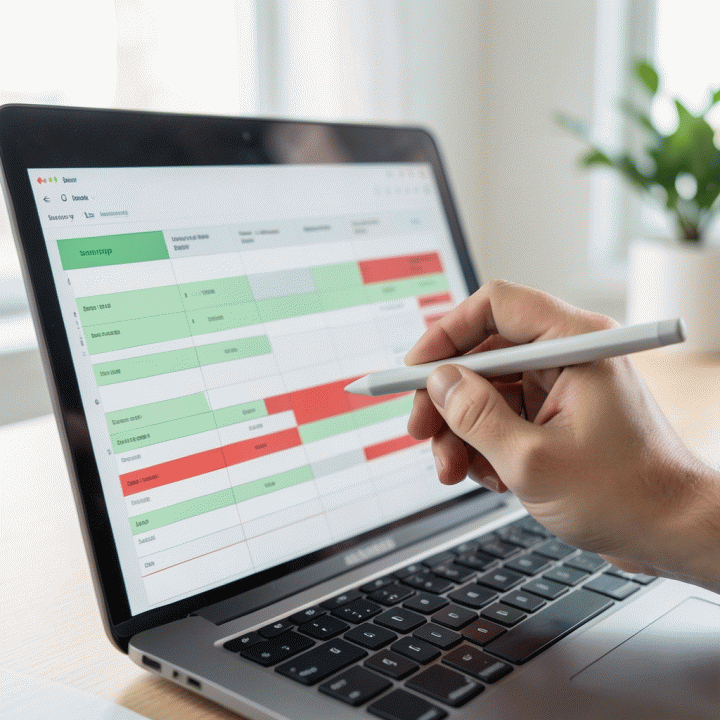 Tangan yang memasukkan data ke spreadsheet keuangan digital yang bersih dan terstruktur, menunjukkan proses pelacakan utang yang mudah.
