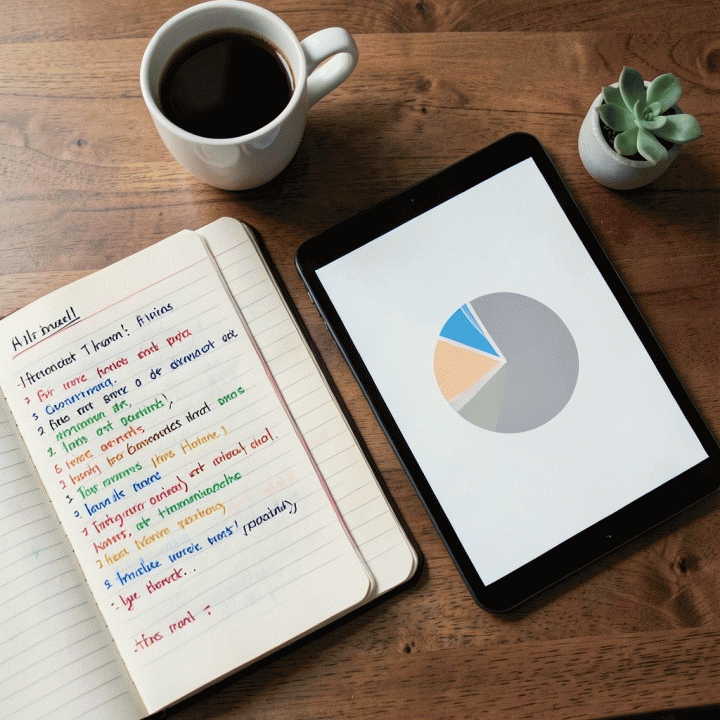 Perbandingan antara pencatatan utang secara manual di buku catatan dan visualisasi anggaran digital di tablet, menunjukkan metode pelacakan yang komprehensif.