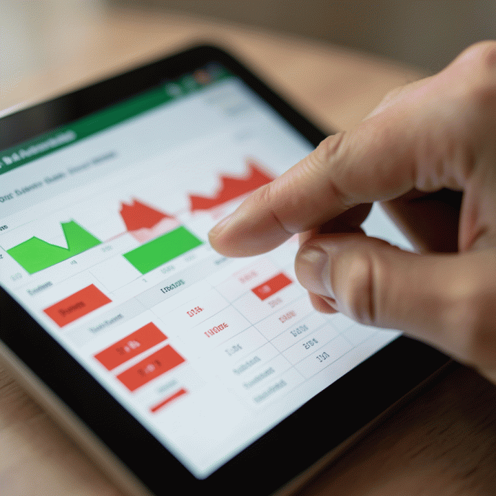 Tangan sedang berinteraksi dengan antarmuka spreadsheet digital yang menampilkan data keuangan abstrak dan terorganisir.