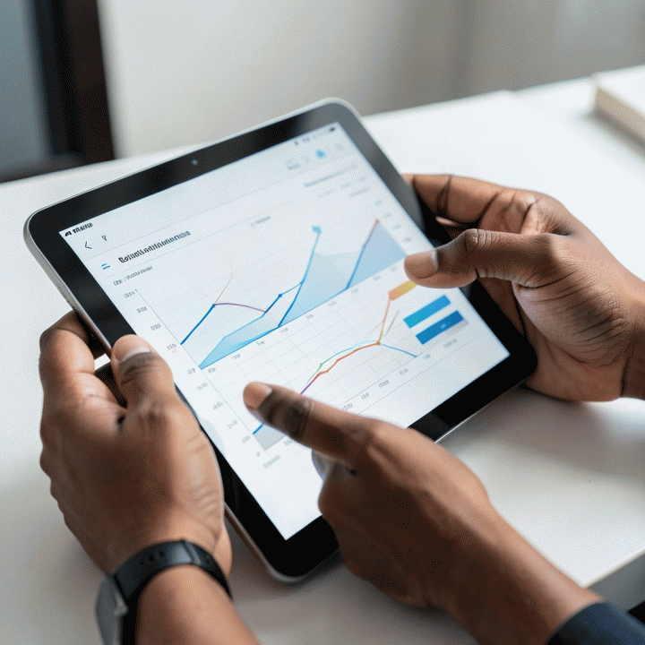 Tangan yang sedang menelusuri dan menganalisis data keuangan di tablet, menunjukkan kemajuan pelunasan utang dan anggaran yang terstruktur.