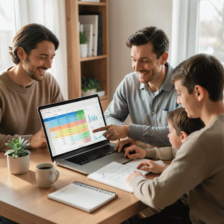 Keluarga modern yang sedang berkolaborasi di meja kerja yang rapi, meninjau spreadsheet keuangan di laptop, menunjukkan perencanaan dan pengelolaan utang keluarga yang terstruktur.