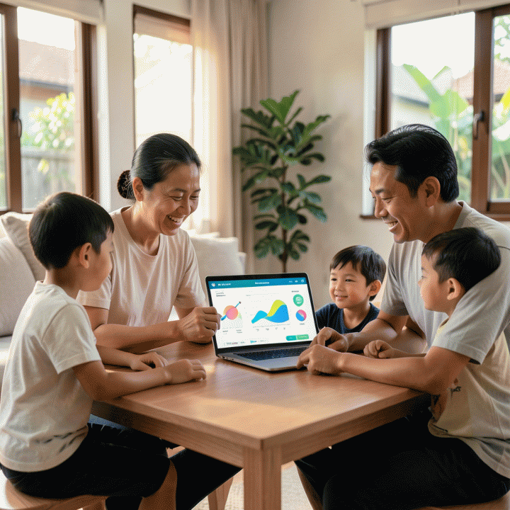 Keluarga Indonesia yang sedang berdiskusi dan merencanakan keuangan menggunakan tablet, menunjukkan visualisasi pelacakan utang dan anggaran yang terstruktur.