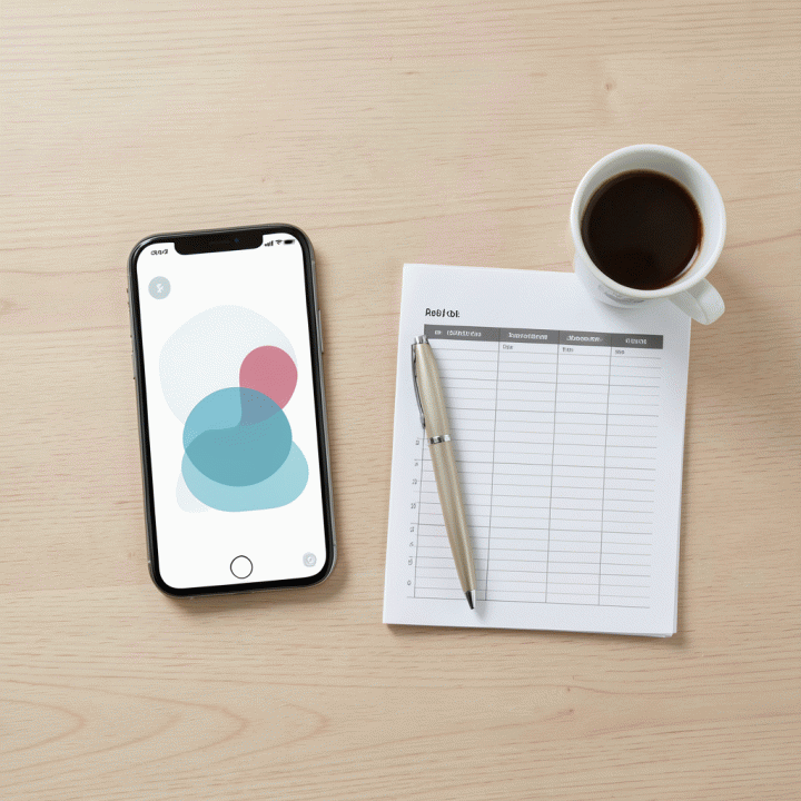 Tata letak alat-alat perencanaan keuangan seperti buku catatan, smartphone dengan dashboard anggaran, dan pena, menunjukkan persiapan anggaran keluarga.