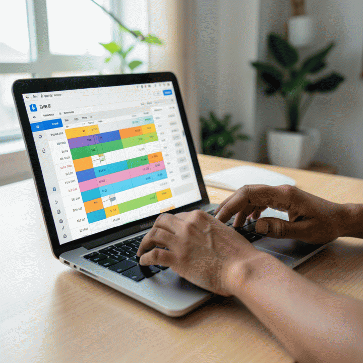 Tangan sedang mengisi dan menganalisis data keuangan di spreadsheet di laptop, menunjukkan proses melacak utang dan anggaran.