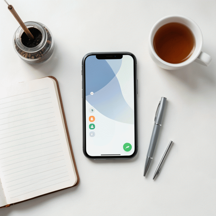 Susunan benda-benda yang mendukung konsistensi ibadah dan produktivitas, dengan fokus pada smartphone yang menampilkan pelacakan kebiasaan.