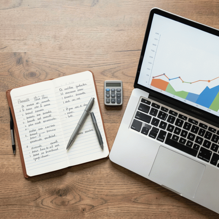 Berbagai alat perencanaan keuangan seperti buku catatan, pena, dan laptop dengan grafik abstrak, menunjukkan proses manajemen keuangan yang sistematis.