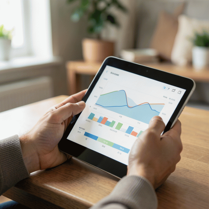 Tangan sedang melacak dan mengelola anggaran keluarga di tablet, menunjukkan kemudahan dan ketenangan finansial.