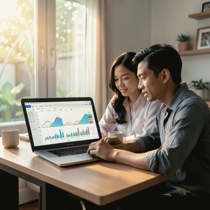 Pasangan muda Indonesia sedang fokus dan berkolaborasi meninjau spreadsheet keuangan keluarga yang terstruktur dan modern di atas meja kerja yang rapi.