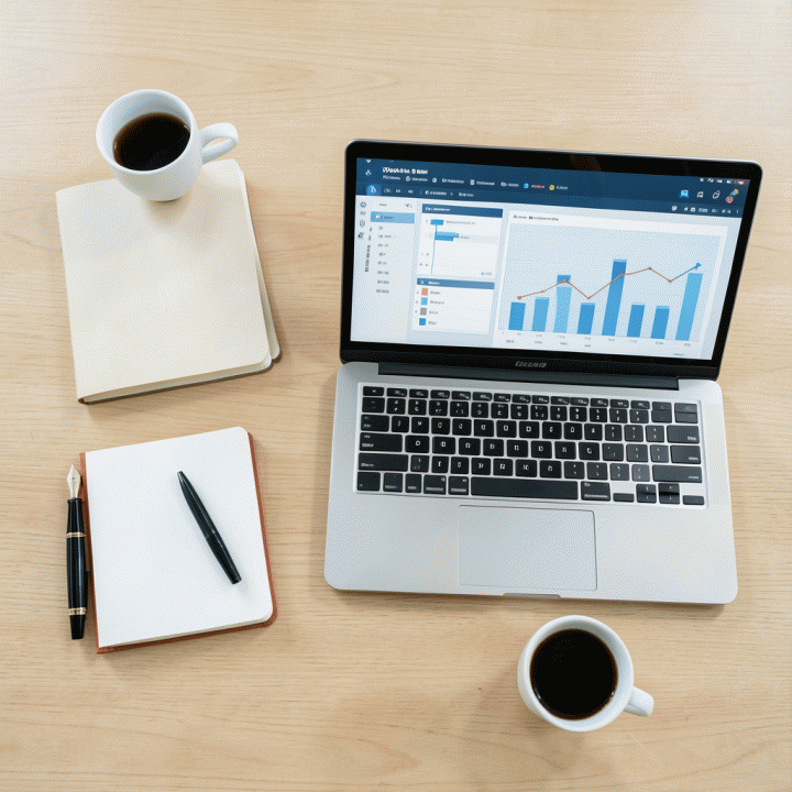 Tata letak meja kerja yang menampilkan alat-alat perencanaan keuangan seperti buku catatan, pena, dan laptop dengan dashboard keuangan yang terorganisir.