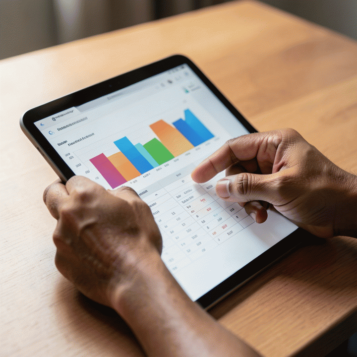 Tangan sedang melacak kemajuan utang keluarga menggunakan antarmuka spreadsheet digital yang abstrak dan berwarna.