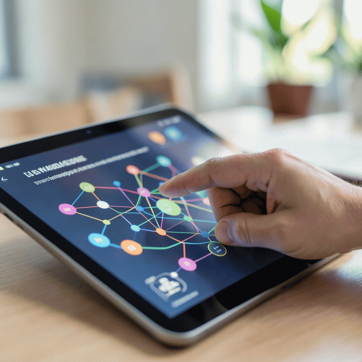 Tangan yang berinteraksi dengan tablet yang menampilkan antarmuka asesmen kognitif yang abstrak.