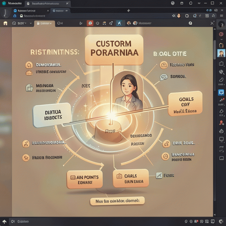 Ilustrasi blueprint persona pelanggan yang terstruktur dan detail, menunjukkan elemen demografi dan psikografi.