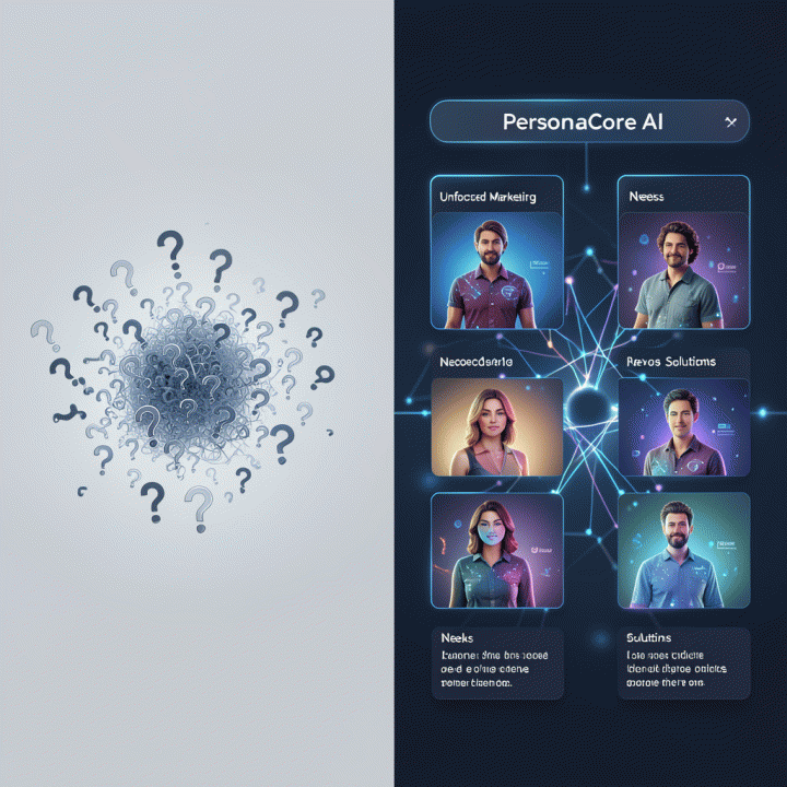 Visual perbandingan antara pemasaran tanpa persona dan pemasaran yang terarah menggunakan AI.