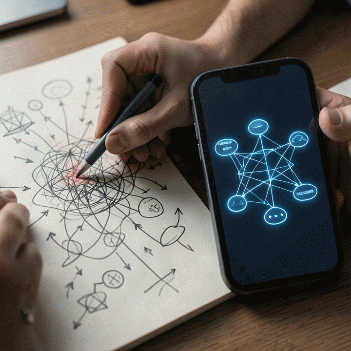 Visualisasi transisi dari catatan pikiran yang berantakan (scribbles) menjadi peta pikiran (mind map) yang terstruktur menggunakan teknologi digital.