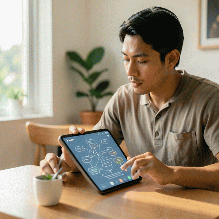 Seorang profesional Indonesia sedang merefleksikan diri dan mengatur pikiran di jurnal digital modern yang terstruktur, menunjukkan proses penemuan ide dan organisasi pikiran.