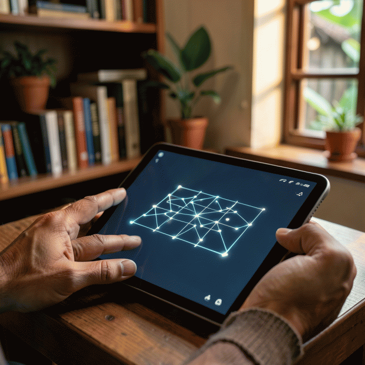 Tangan seseorang melihat hasil asesmen kognitif di tablet yang menunjukkan pola dan koneksi logika.