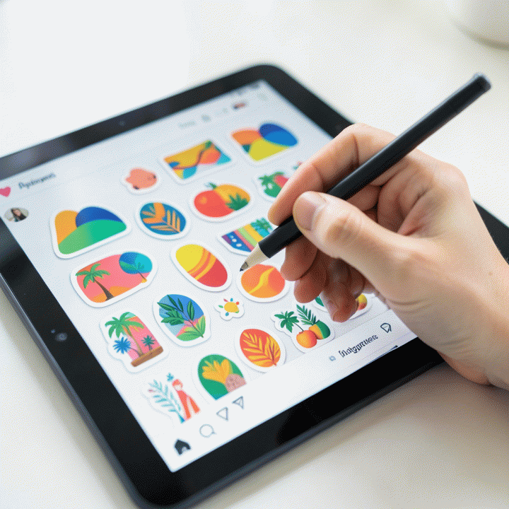 Tangan menggunakan stylus pada tablet untuk menambahkan stiker digital estetika pada desain konten Instagram.