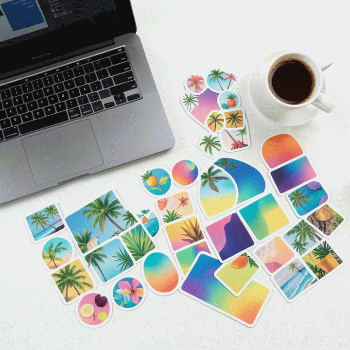 Komposisi flat lay kumpulan aset stiker digital premium untuk konten desain grafis.