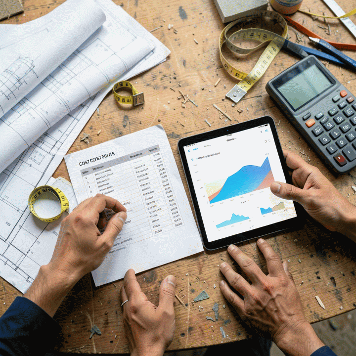 Perbandingan estimasi biaya proyek fisik dengan data biaya aktual di tablet di meja kerja proyek.