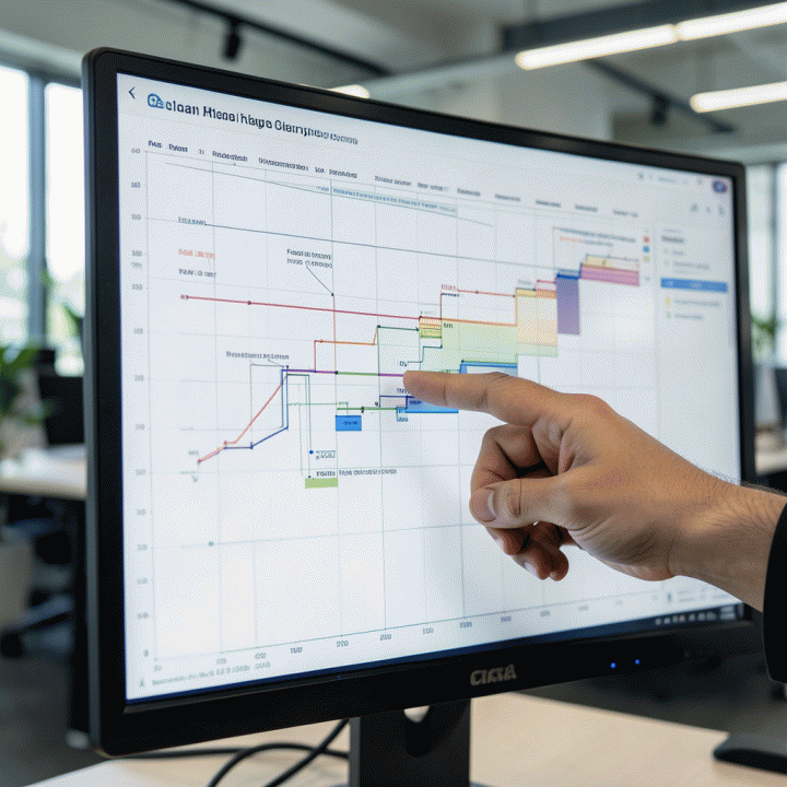 Tangan seorang profesional menunjuk pada grafik Gantt chart di monitor, menunjukkan pemantauan progres proyek secara rinci.