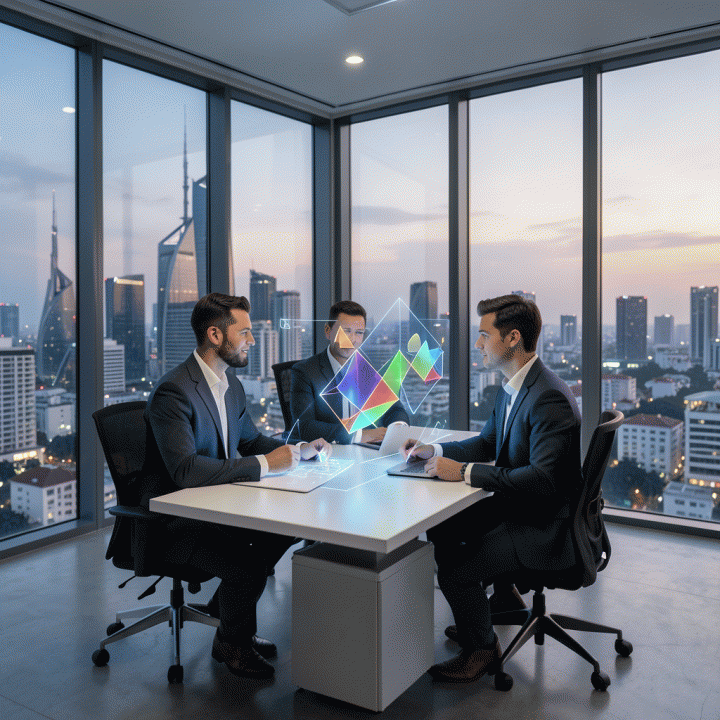 Seorang profesional sedang merencanakan strategi identitas brand yang futuristik di kantor modern dengan pemandangan kota.