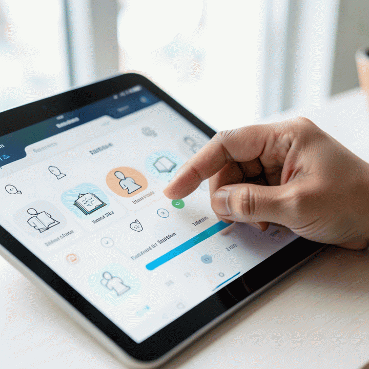Tangan yang sedang mencentang kebiasaan ibadah di aplikasi habit tracker digital yang bersih dan modern.