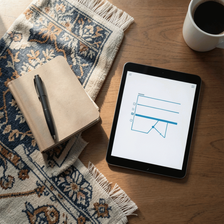 Tata letak meja kerja yang rapi berisi perlengkapan ibadah dan tablet yang menampilkan perencanaan rutinitas harian.