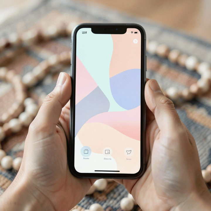Tampilan antarmuka aplikasi pelacak ibadah dengan desain visual abstrak dan estetik.