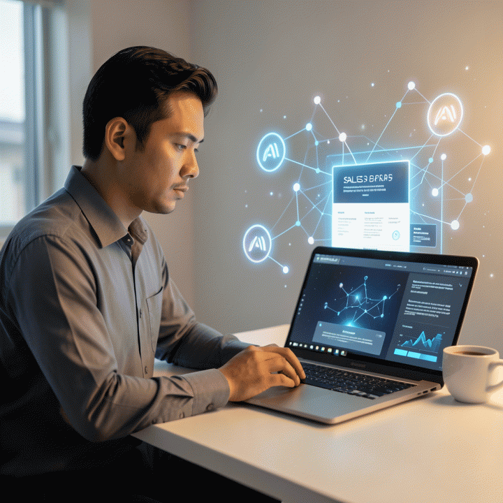 Digital marketer menggunakan laptop di ruang kerja modern, dengan tampilan antarmuka AI yang menunjukkan struktur sales page yang terstruktur dan optimal.