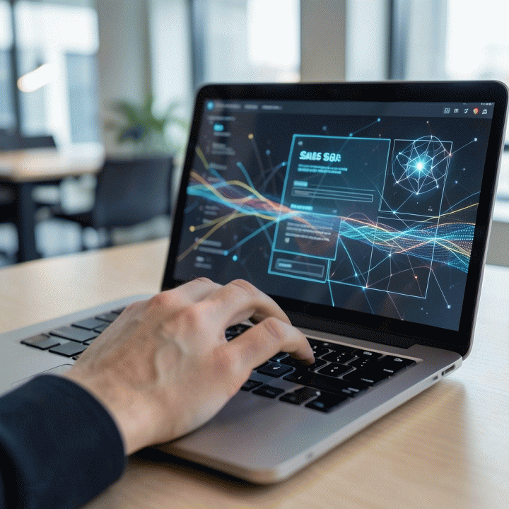 Tangan mengetik di laptop, dengan visualisasi AI yang membantu menyusun struktur sales page secara cepat.