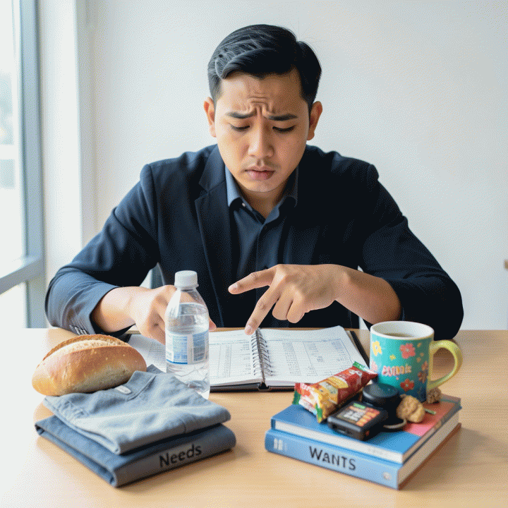 Seorang profesional muda Indonesia sedang meninjau rencana keuangan di meja kerja, membandingkan kebutuhan esensial dan keinginan impulsif dengan fokus dan kontrol.