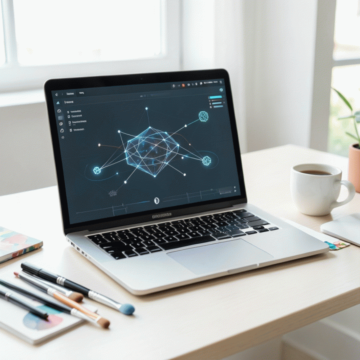 Desk setup with laptop showing AI generated design mockup for content creation.