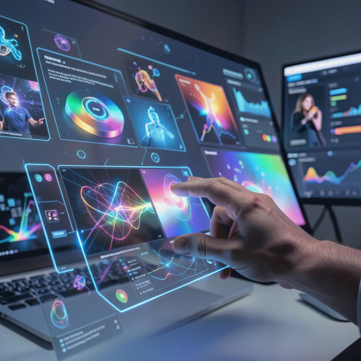 Interface digital AI generating high-quality visual assets for content creation in a futuristic workspace.