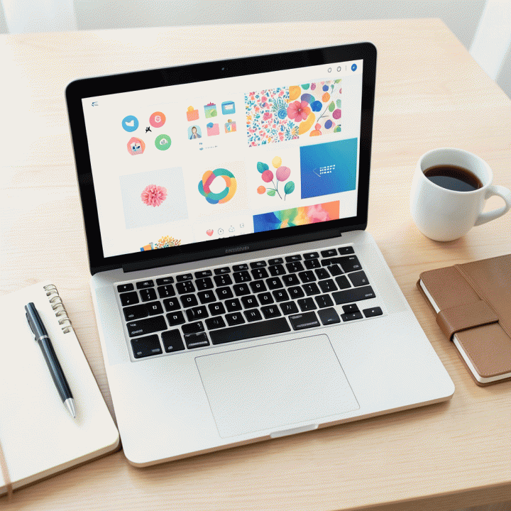 Tampilan datar (flat lay) di atas meja kayu berisi laptop yang menampilkan berbagai aset visual digital yang konsisten, dikelilingi oleh alat-alat kerja kreatif.