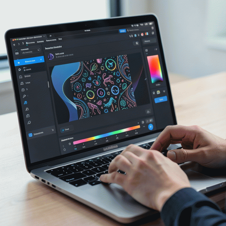 Close-up tangan yang menggunakan antarmuka AI digital yang abstrak dan intuitif pada laptop, menunjukkan proses pembuatan aset visual yang konsisten dan profesional.