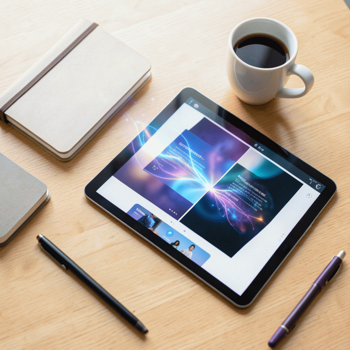 Flat lay modern workspace dengan aset visual digital yang dihasilkan AI, menunjukkan proses kreatif yang mudah diakses.