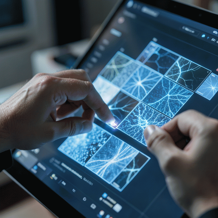 Tangan seniman digital berinteraksi dengan antarmuka AI holografik untuk menghasilkan variasi aset visual yang konsisten.
